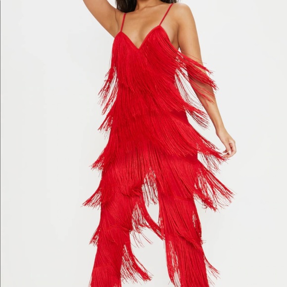 PrettyLittleThing Pants - PLT Red Tassel Plunge Jumpsuit NWT Size 2